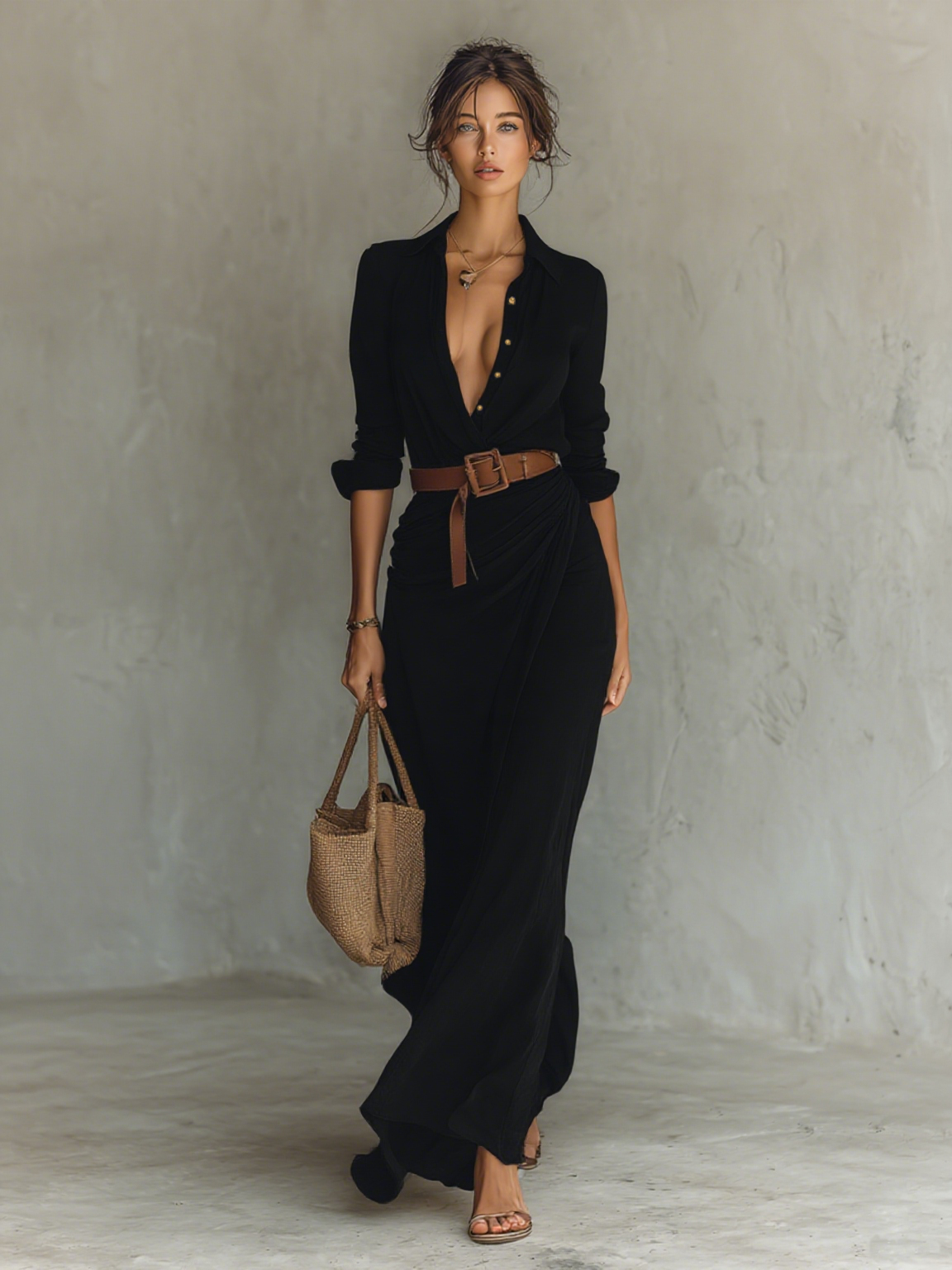 Vestido largo de lino con cuello de solapa y mangas largas.
