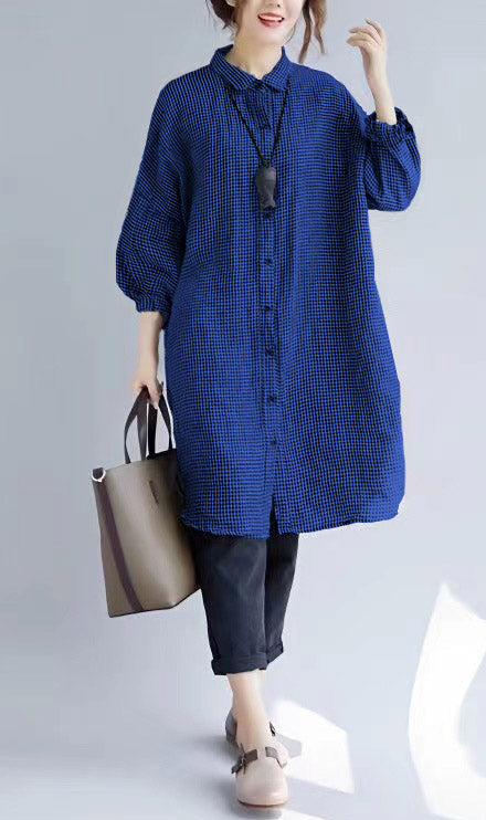 Elegante camiseta de algodón a cuadros negros, cómoda y de corte holgado. Blusas de algodón de manga larga.
