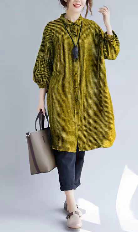 Elegante camiseta de algodón a cuadros negros, cómoda y de corte holgado. Blusas de algodón de manga larga.