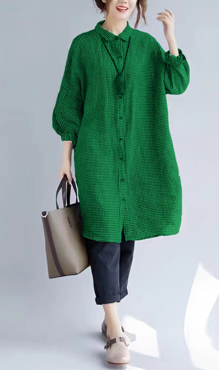 Elegante camiseta de algodón a cuadros negros, cómoda y de corte holgado. Blusas de algodón de manga larga.