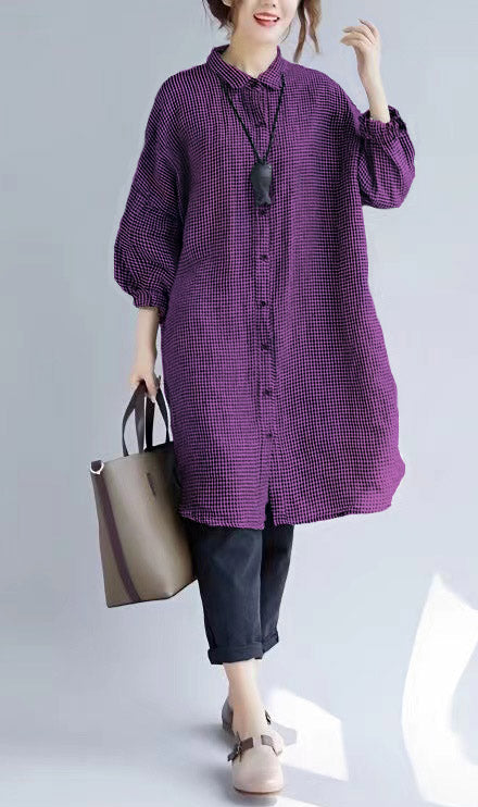 Elegante camiseta de algodón a cuadros negros, cómoda y de corte holgado. Blusas de algodón de manga larga.