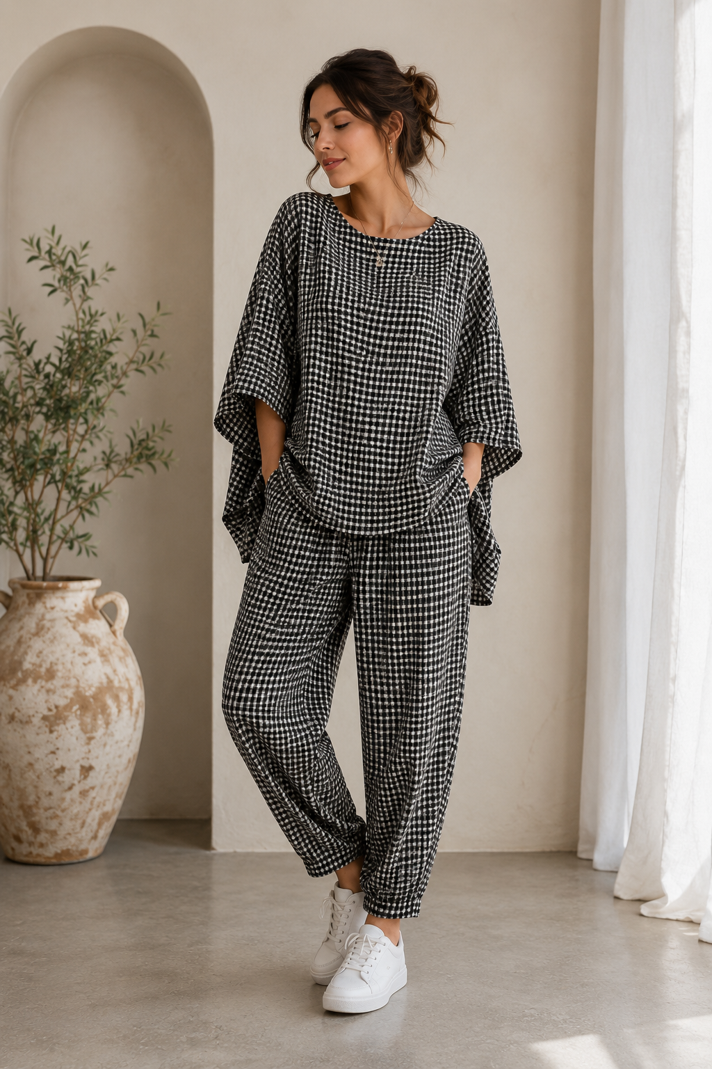 Conjunto de algodón y lino con estampado de cuadros