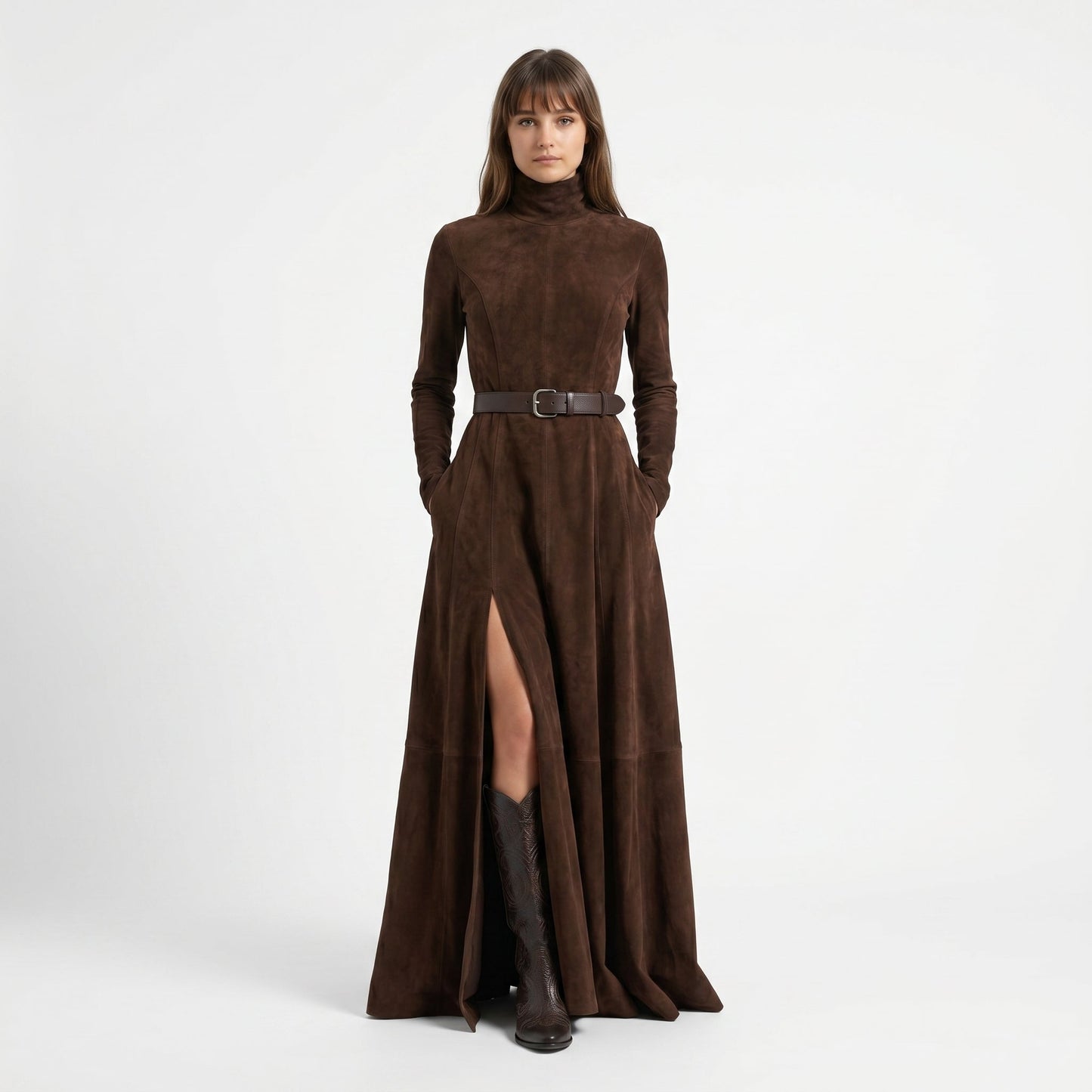 Vestido de Ante Sintético con Cuello Alto, Manga Larga y Abertura (Incluye cinturón)