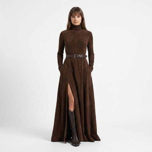 Vestido de Ante Sintético con Cuello Alto, Manga Larga y Abertura (Incluye cinturón)