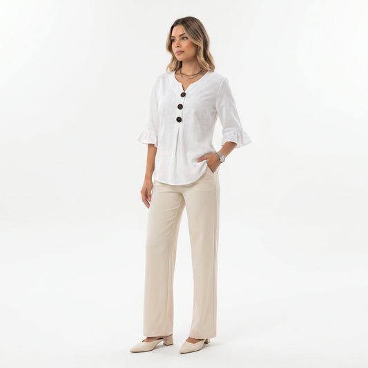 Sofía | Blusa de algodón-lino lisa con botones de madera y volantes