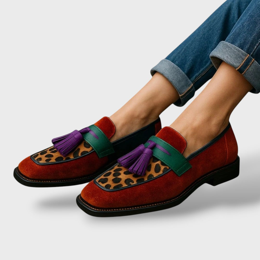 Mili | Mocasines Ortopédicos Multicolor Leopardo Borlas