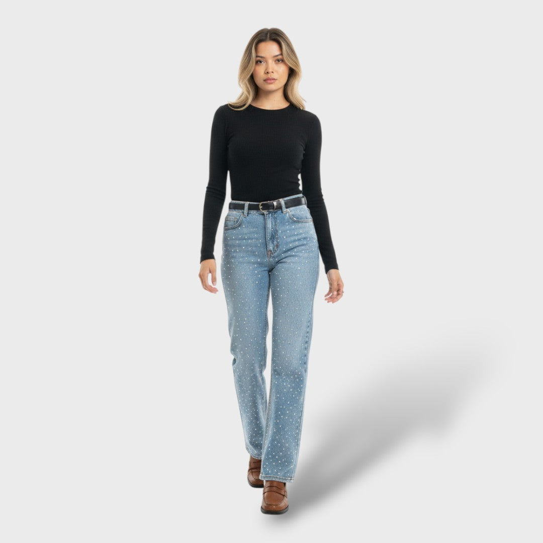 Pantalones Rectos Talle Alto Glitter