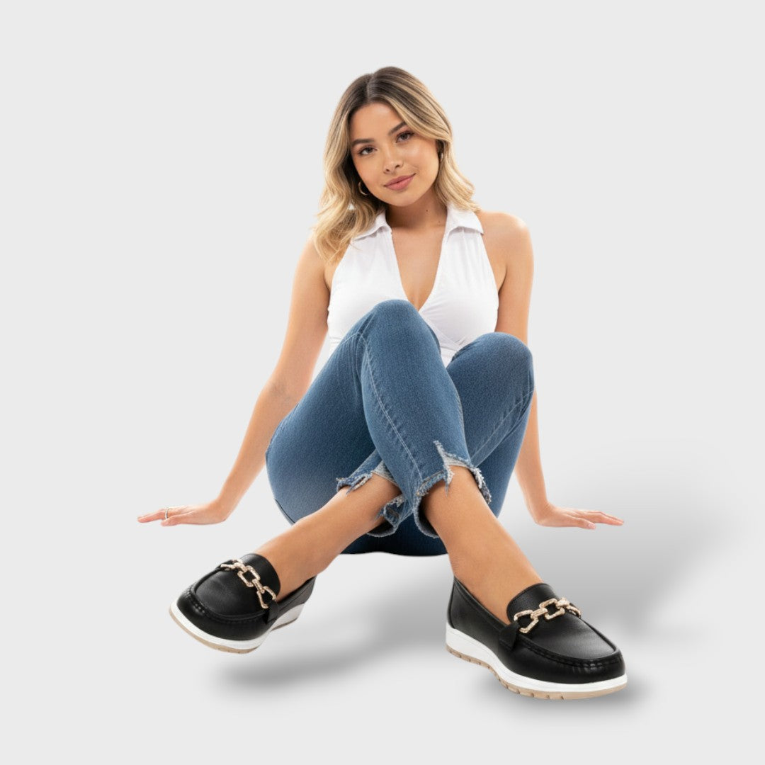 París | Mocasines Ortopédicos Ante Cadena Dorada Plataforma