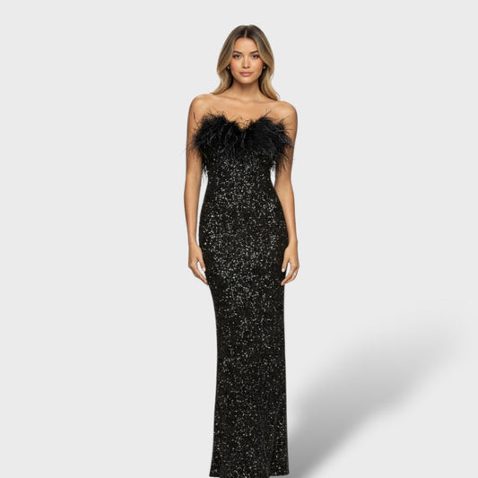 Jenny | Vestido maxi de lentejuelas y plumas