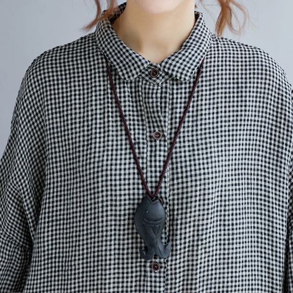 Elegante camiseta de algodón a cuadros negros, cómoda y de corte holgado. Blusas de algodón de manga larga.